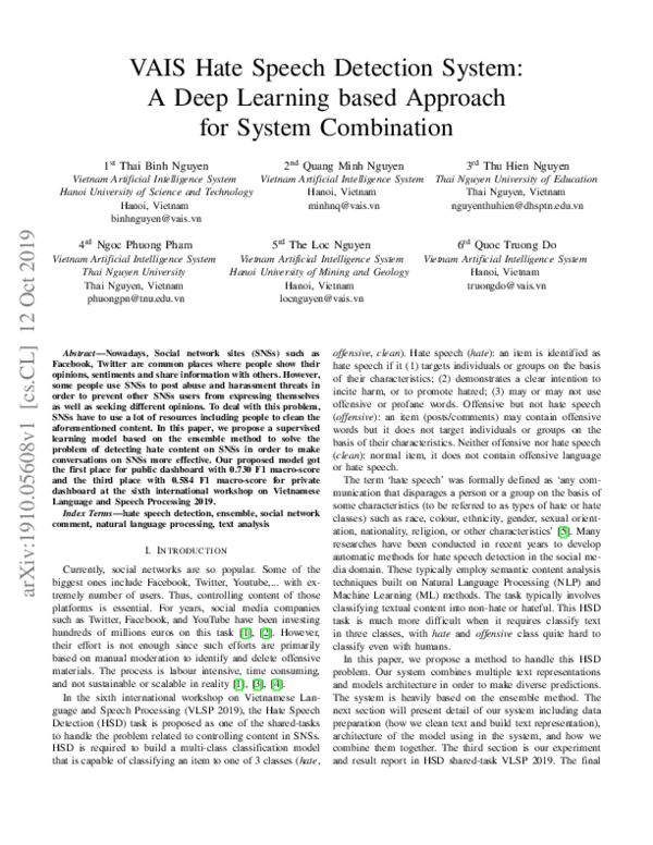 (PDF) VAIS Hate Speech Detection System: A Deep Learning based Approach ...