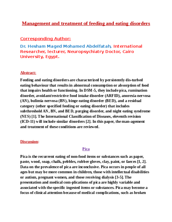 (PDF) Management and treatment of feeding and eating disorders