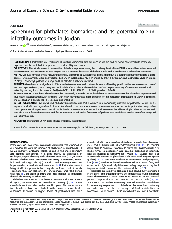 (PDF) Screening for phthalates biomarkers and its potential role in ...