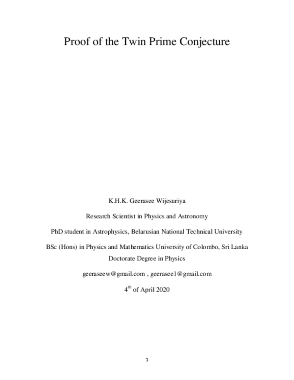 (PDF) A Proof of the Twin Prime Conjecture