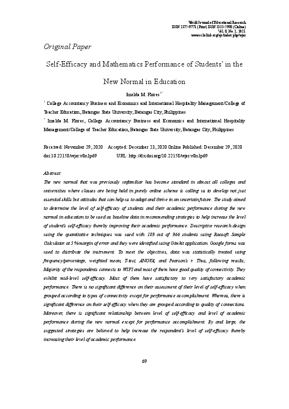 (PDF) Self-Efficacy and Mathematics Performance of Students’ in the New ...