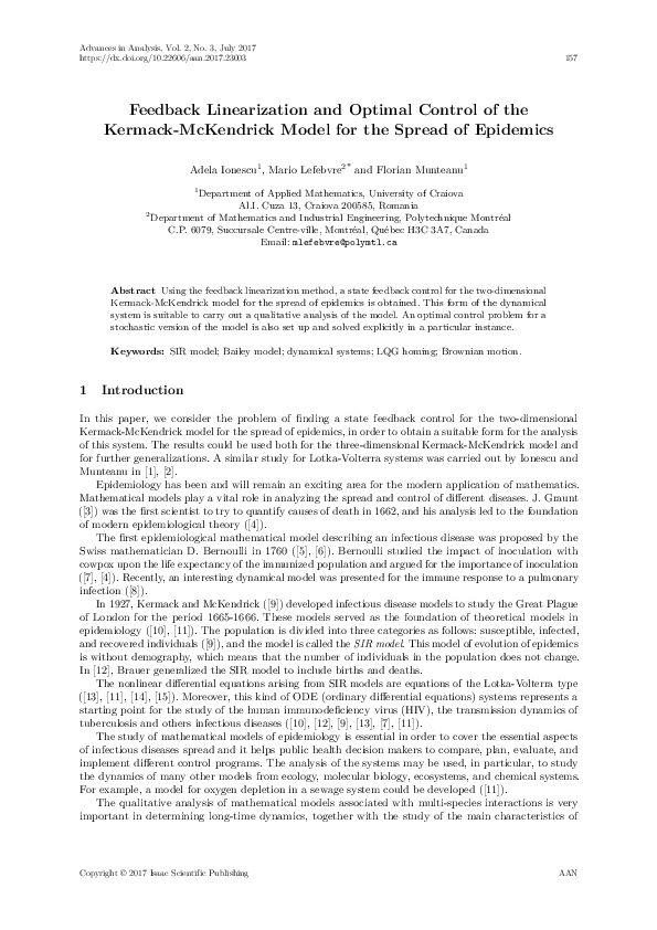 (PDF) Feedback Linearization and Optimal Control of the Kermack ...