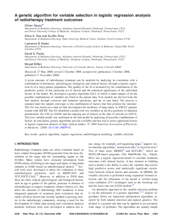 (PDF) A genetic algorithm for variable selection in logistic regression ...