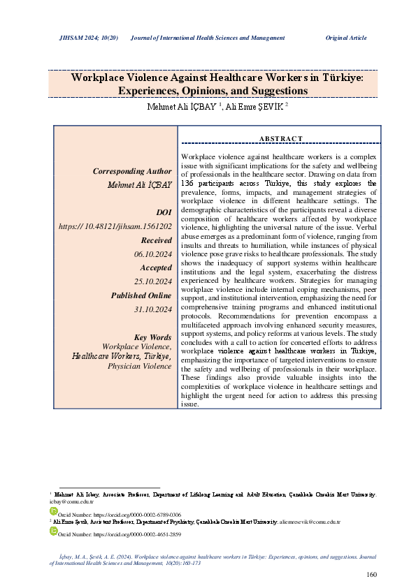 (PDF) Workplace Violence Against Healthcare Workers in Türkiye ...