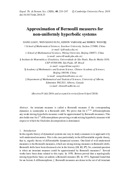 (PDF) Approximation of Bernoulli measures for non-uniformly hyperbolic ...