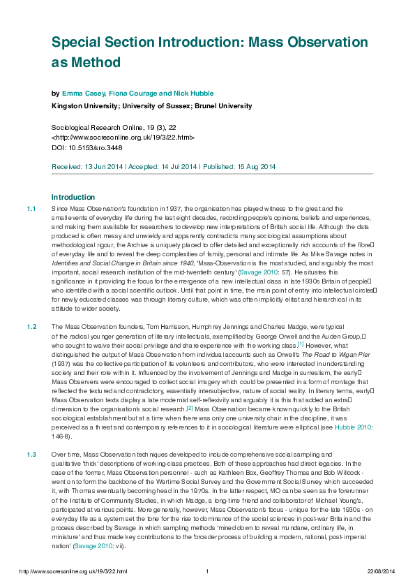(PDF) Special Section Introduction: Mass Observation as Method