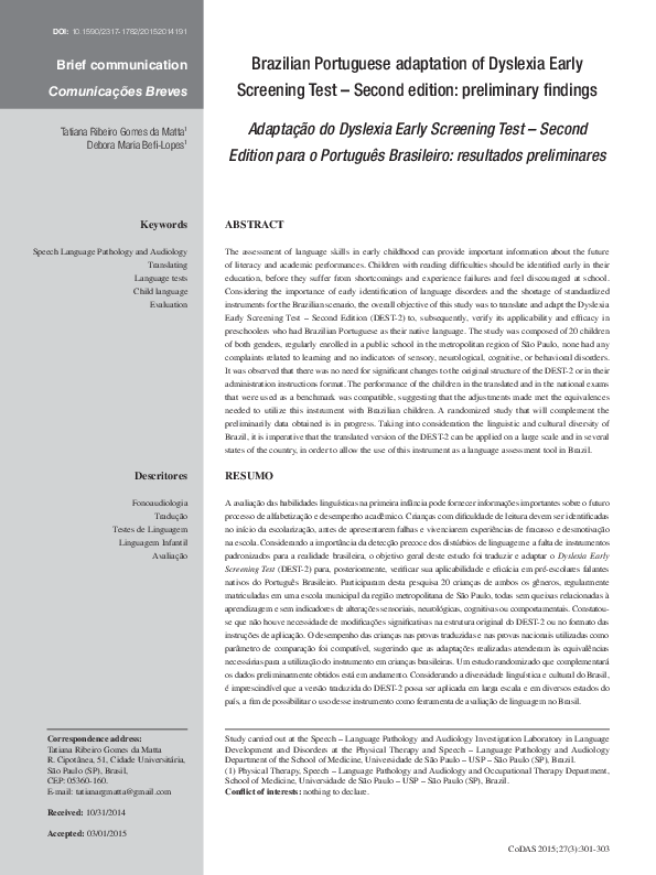 (PDF) Brazilian Portuguese adaptation of Dyslexia Early Screening Test ...