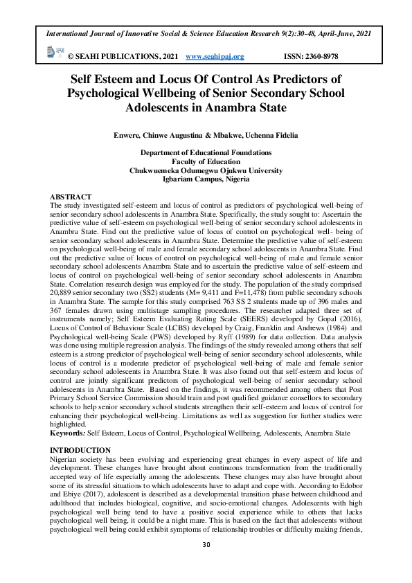 (PDF) Self Esteem and Locus Of Control As Predictors of Psychological ...