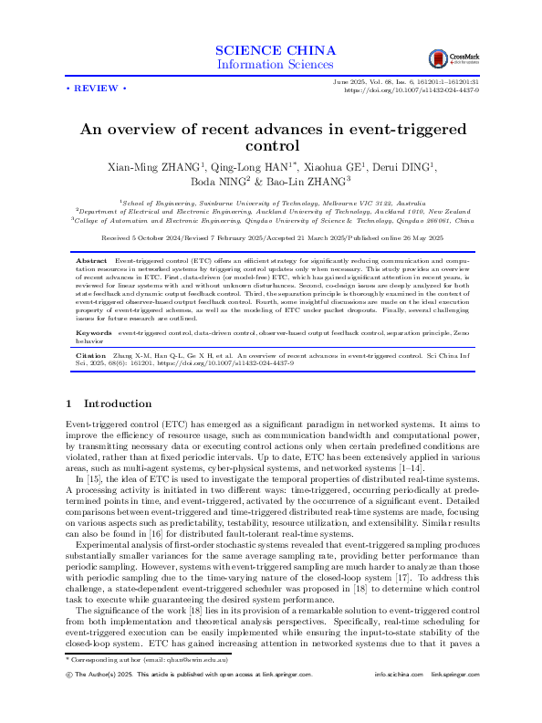 (PDF) An overview of recent advances in event-triggered control