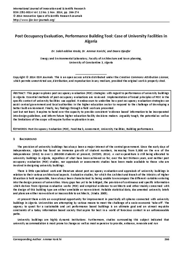 (PDF) Post Occupancy Evaluation, Performance Building Tool: Case of ...