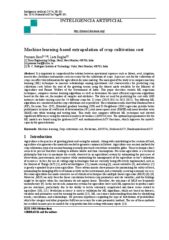 (PDF) Machine Learning-based Extrapolation of Crop Cultivation Cost