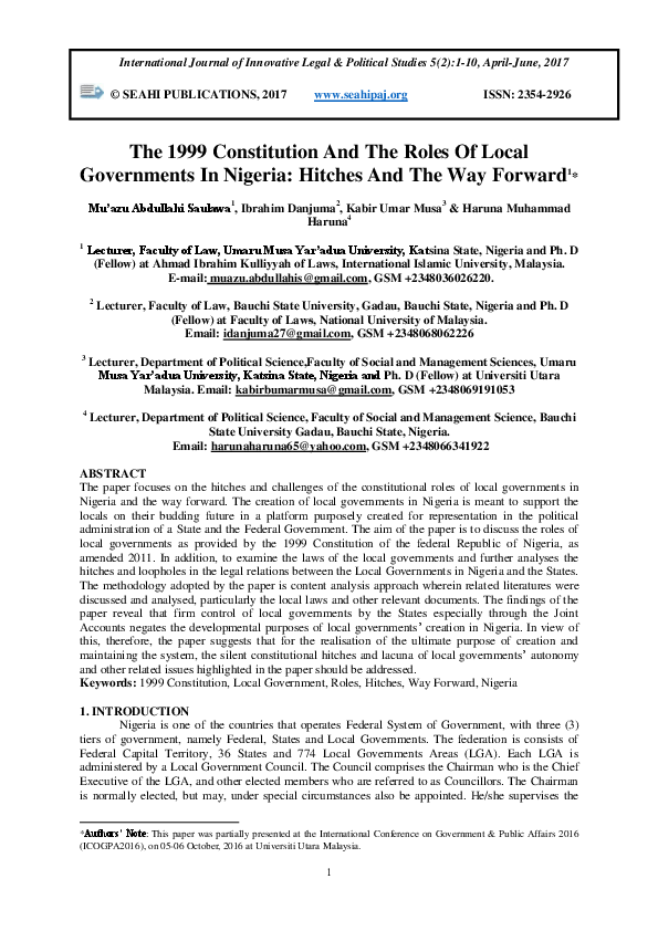 (PDF) The 1999 Constitution And The Roles Of Local Governments In ...