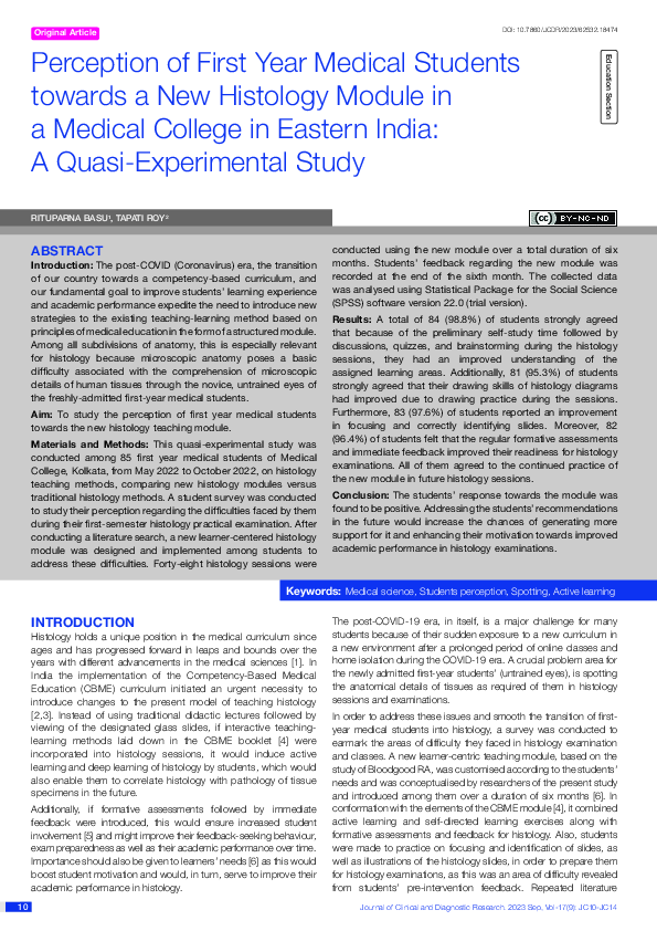 (PDF) Perception of First Year Medical Students towards a New Histology ...