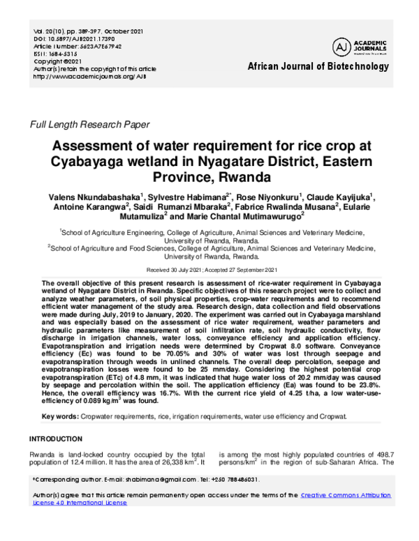 (PDF) Assessment of water requirement for rice crop at Cyabayaga ...