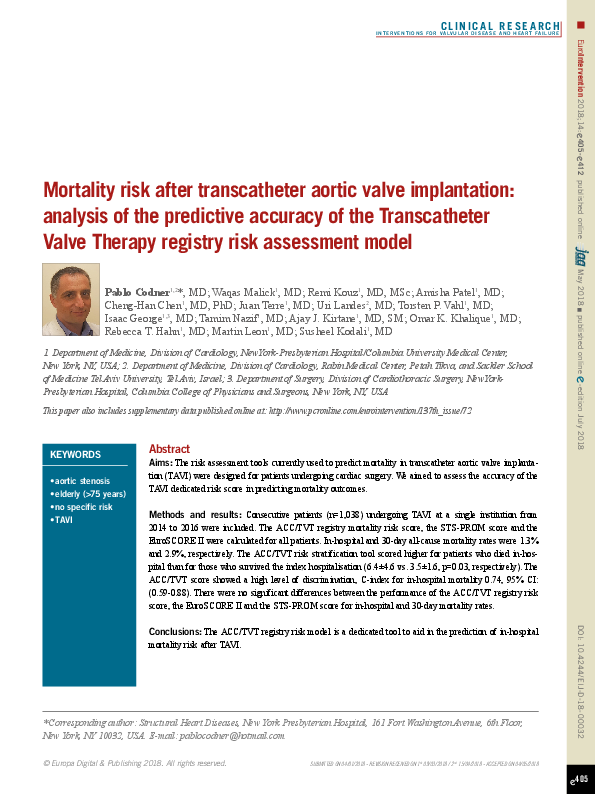 (PDF) Mortality risk after transcatheter aortic valve implantation ...