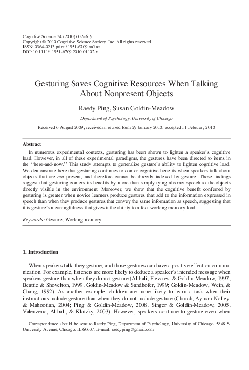 (PDF) Gesturing Saves Cognitive Resources When Talking About Nonpresent ...
