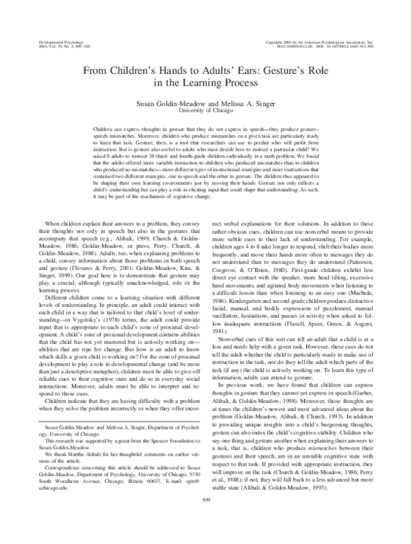 (PDF) From children's hands to adults' ears: Gesture's role in the ...