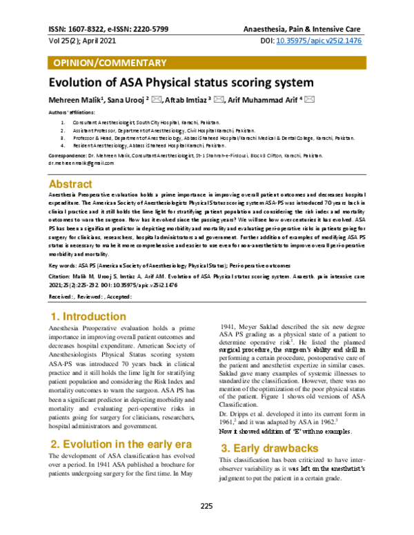 (PDF) Evolution of ASA Physical status scoring system