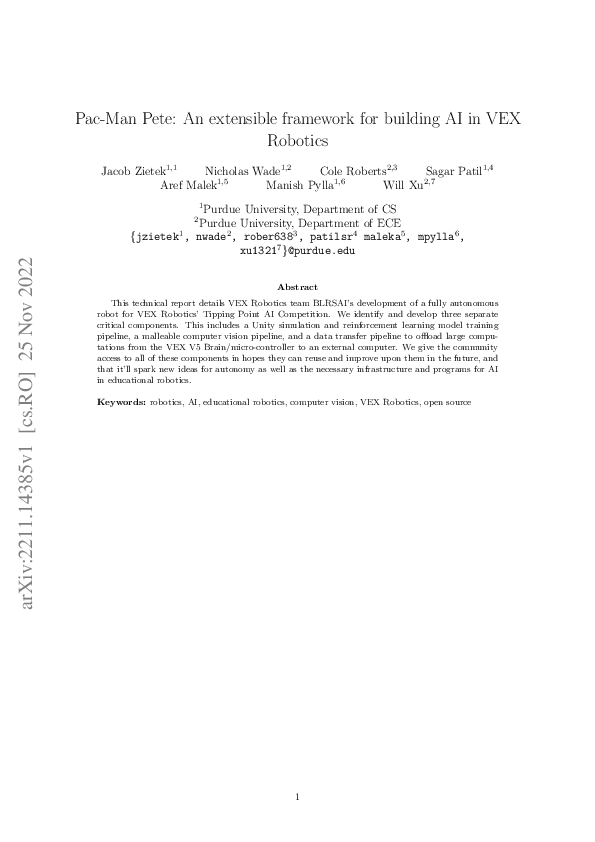 (PDF) Pac-Man Pete: An extensible framework for building AI in VEX Robotics
