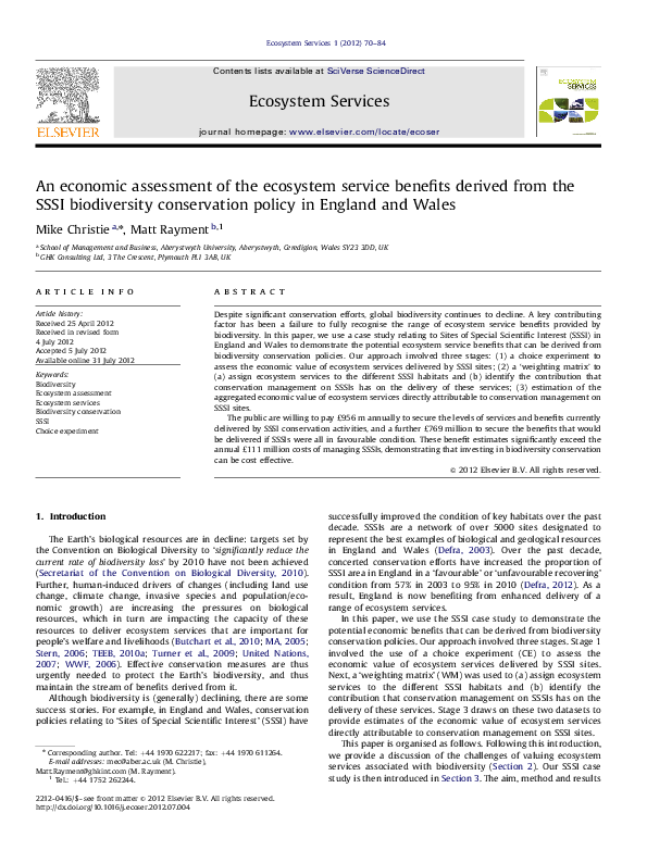 (PDF) An economic assessment of the ecosystem service benefits derived ...