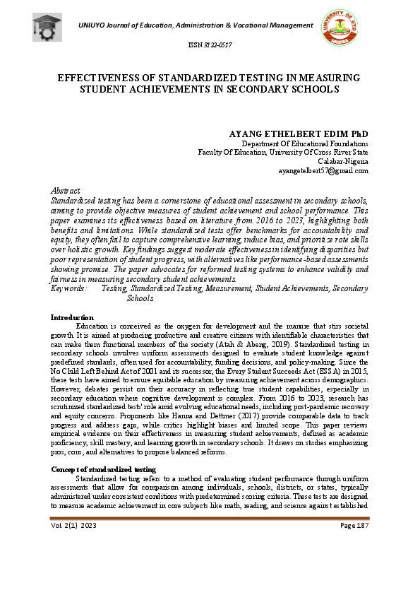 (PDF) EFFECTIVENESS OF STANDARDIZED TESTING IN MEASURING STUDENT ...