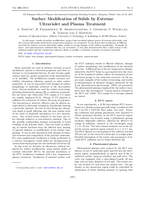 (PDF) Surface Modification of Solids by Extreme Ultraviolet and Plasma ...