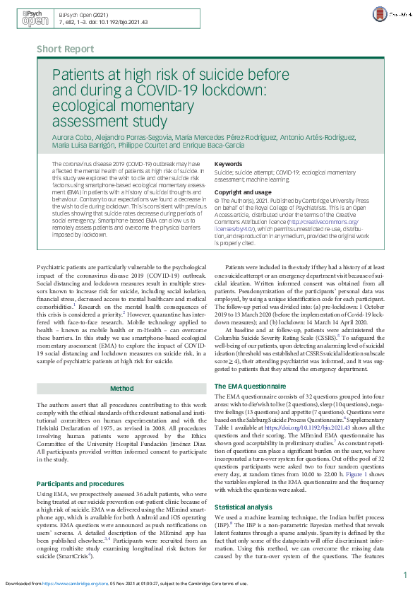 (PDF) Patients at high risk of suicide before and during a COVID-19 ...