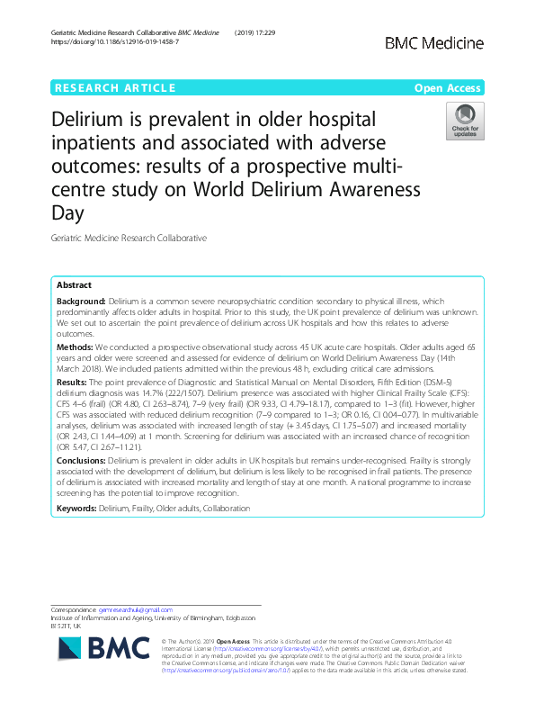 (PDF) Delirium is prevalent in older hospital inpatients and associated ...