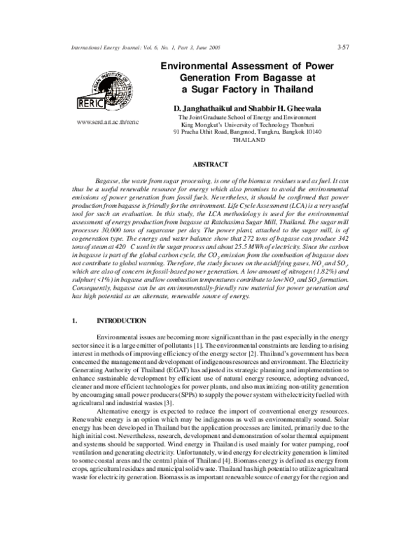 (PDF) Environmental Assessment of Power Generation From Bagasse at a ...