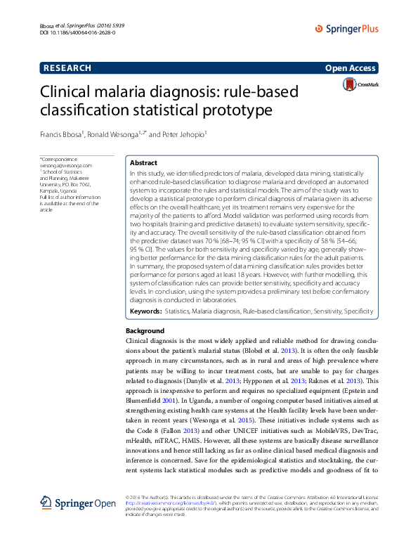 (PDF) Clinical malaria diagnosis: rule-based classification statistical ...