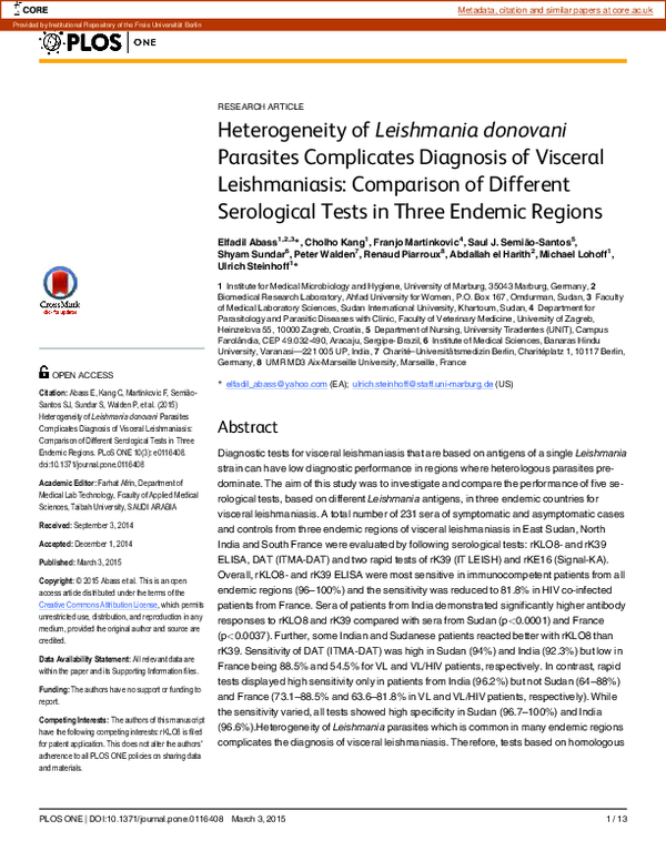 (PDF) Comparison of Different Serological Tests in Three Endemic Regions