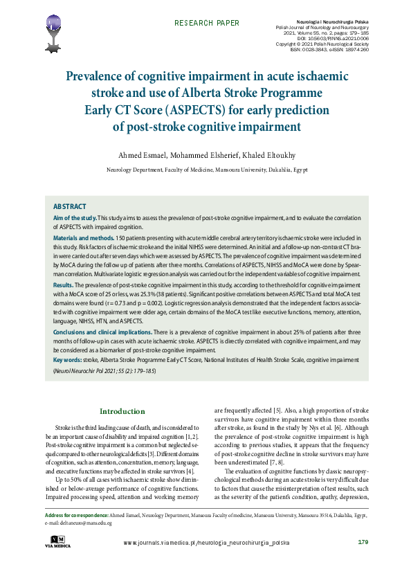 (PDF) Prevalence of cognitive impairment in acute ischaemic stroke and ...