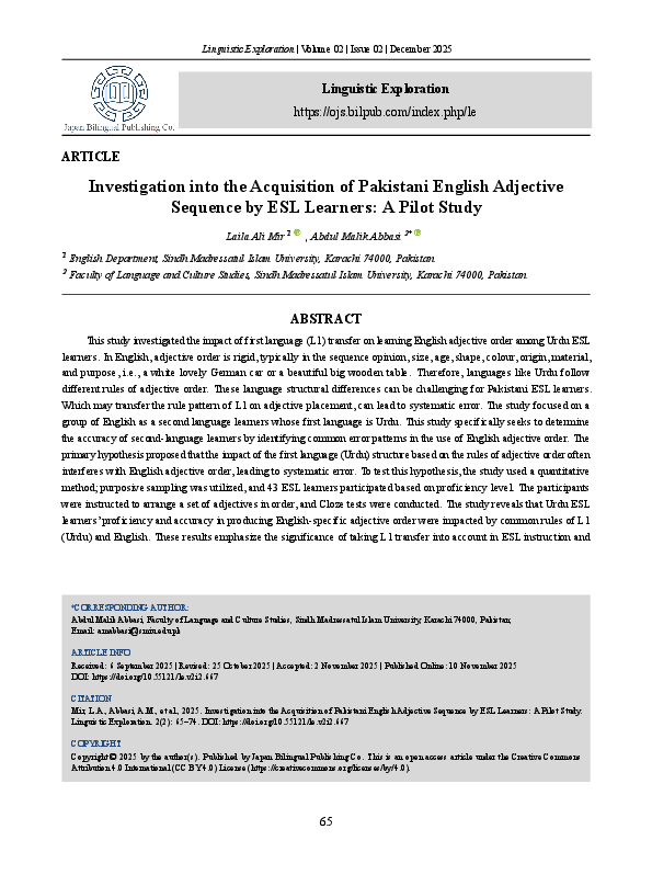 (PDF) Investigation into the Acquisition of Pakistani English Adjective ...