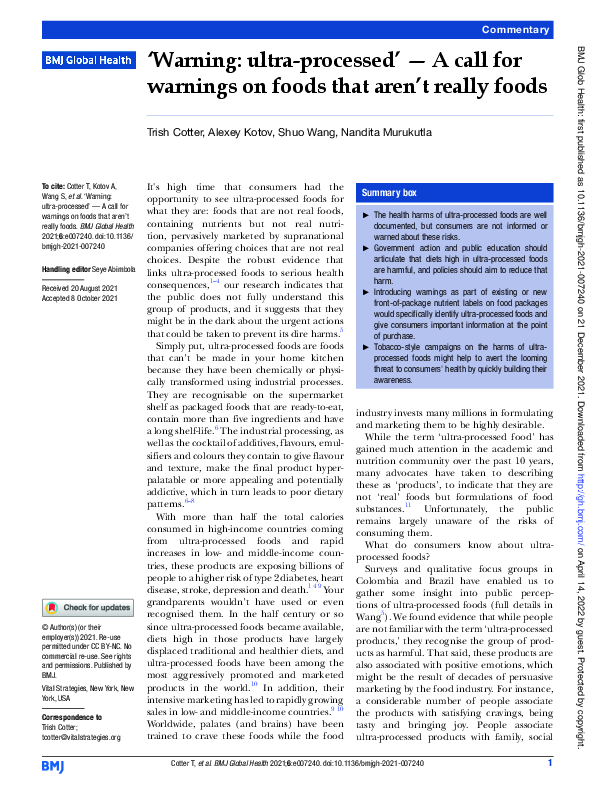 (PDF) ‘Warning: ultra-processed’ — A call for warnings on foods that ...