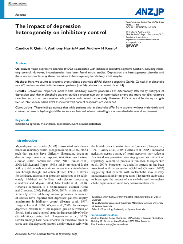 (PDF) The impact of depression heterogeneity on inhibitory control