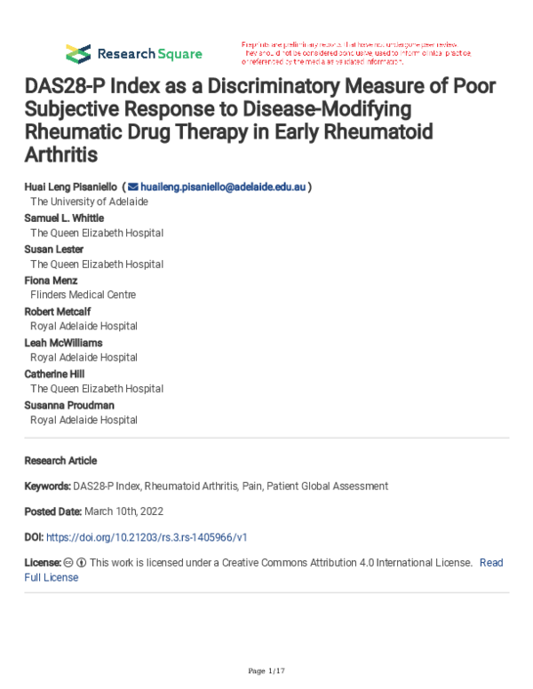 (PDF) DAS28-P Index as a Discriminatory Measure of Poor Subjective ...