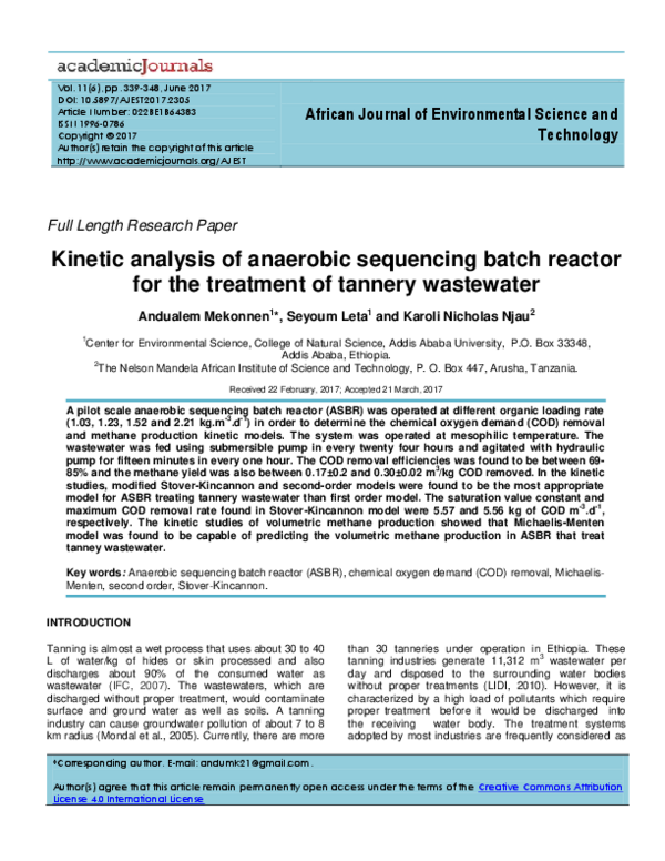 (PDF) Kinetic analysis of anaerobic sequencing batch reactor for the ...