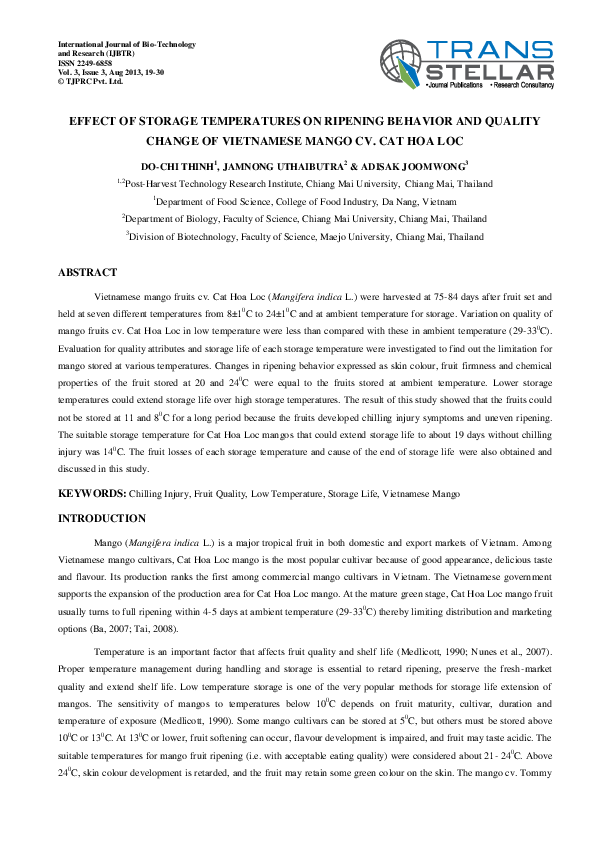 (PDF) Effect of Storage Temperatures on Ripening Behavior and Quality ...