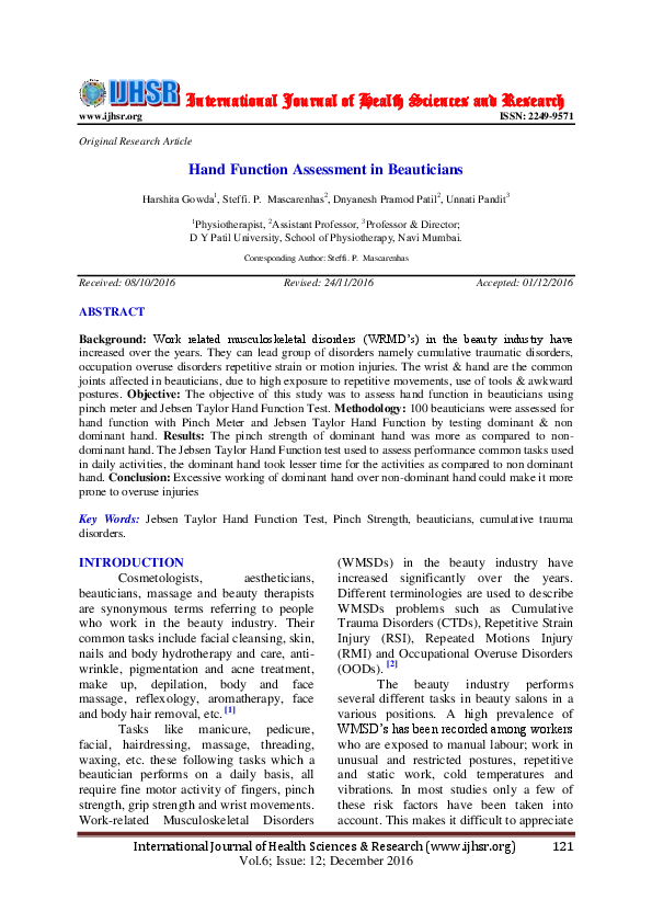 (PDF) Hand Function Assessment in Beauticians