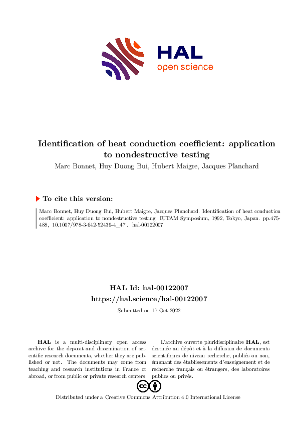 (PDF) Identification of heat conduction coefficient: application to ...
