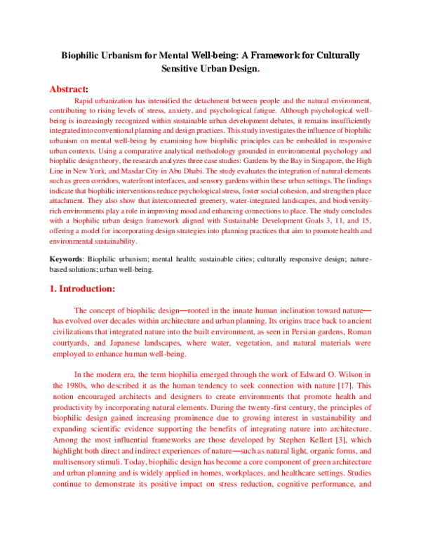 (PDF) Biophilic Urbanism for Mental Well-being: A Framework for ...