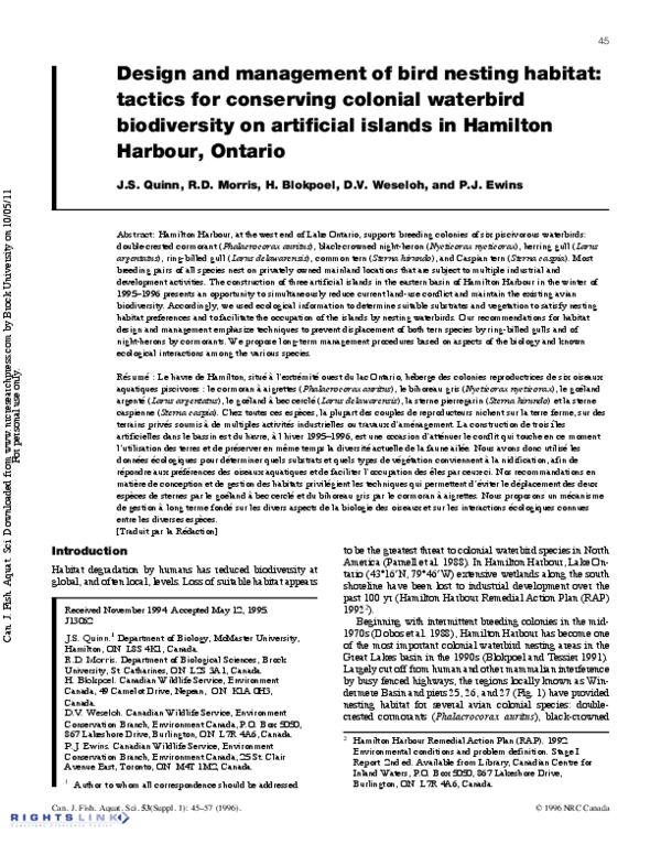(PDF) Design and management of bird nesting habitat: tactics for ...