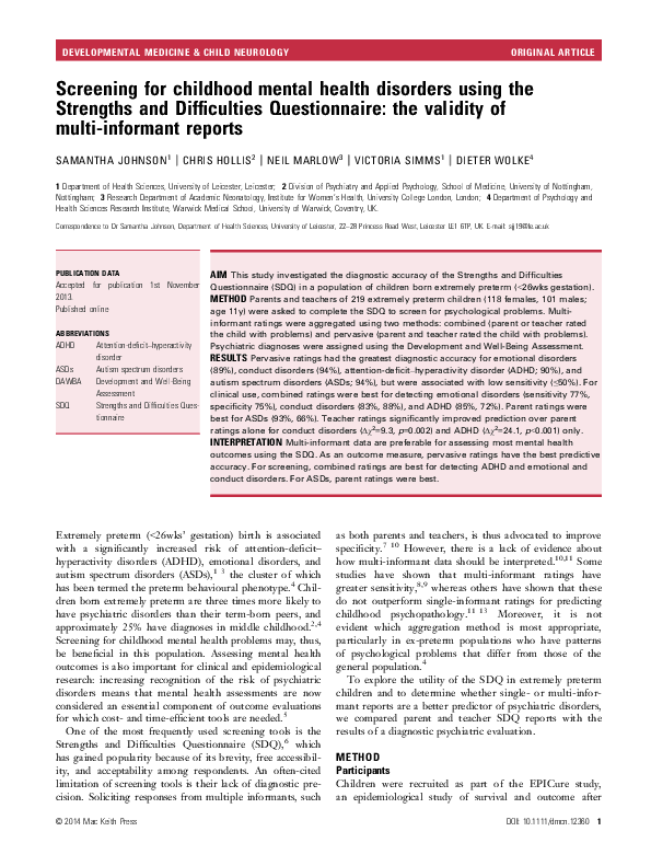(PDF) Screening for childhood mental health disorders using the ...