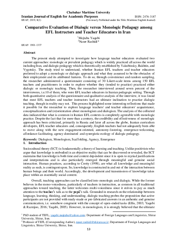 (PDF) Comparative Evaluation of Dialogic versus Monologic Pedagogy ...