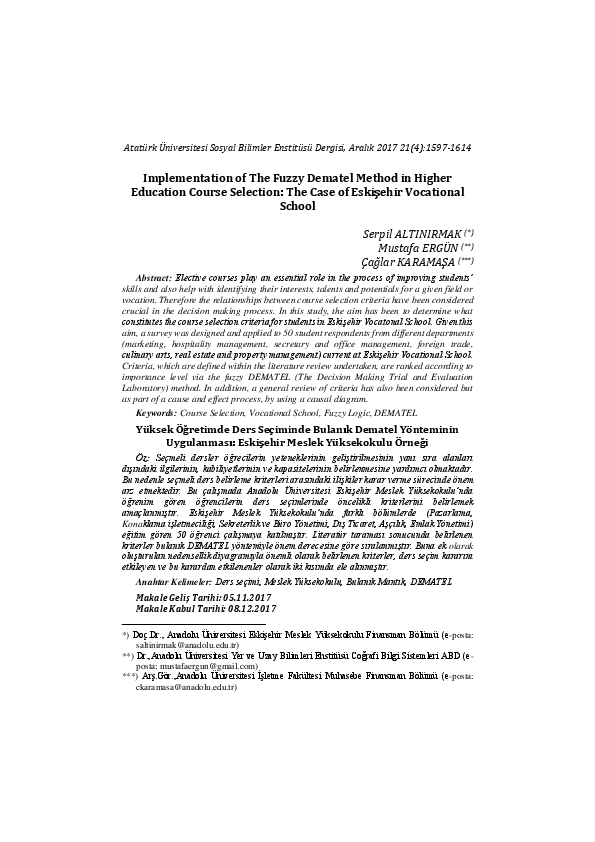 (PDF) Implementation of The Fuzzy Dematel Method in Higher Education ...