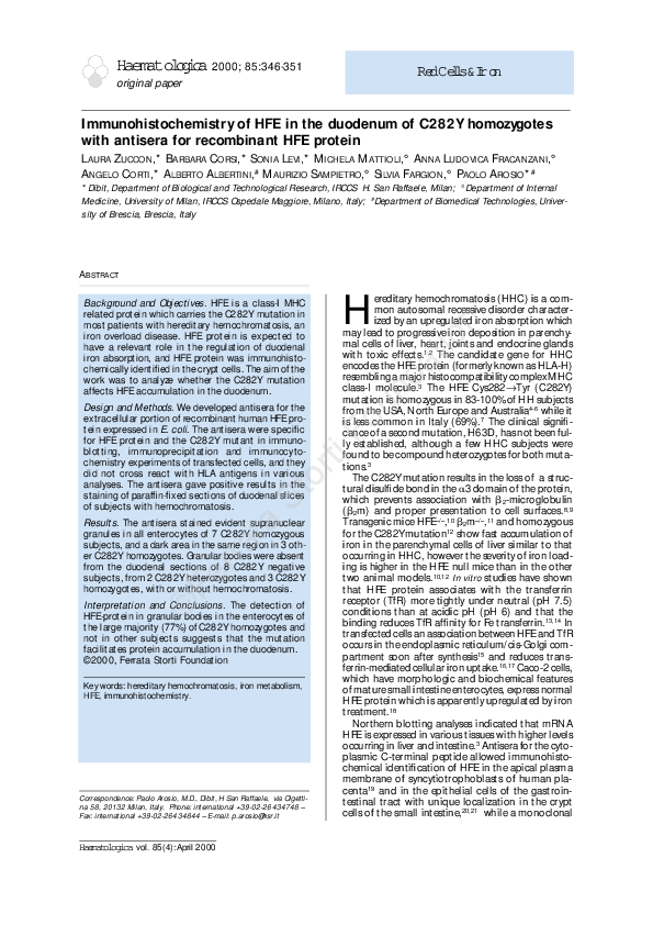(PDF) Immunohistochemistry of HFE in the duodenum of C282Y homozygotes ...