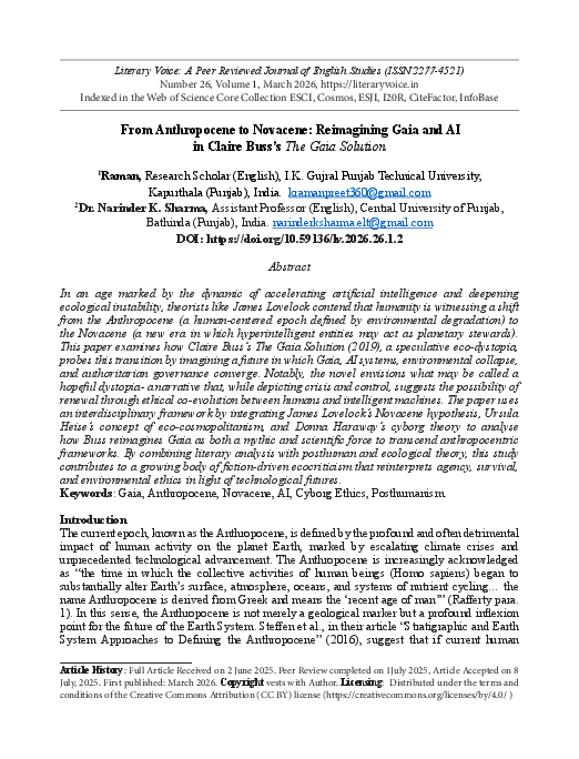 (PDF) From Anthropocene to Novacene: Reimagining Gaia and AI in Claire ...