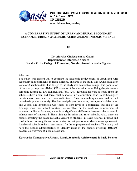 (PDF) A Comparative Study of Urban and Rural Secondary School Students ...