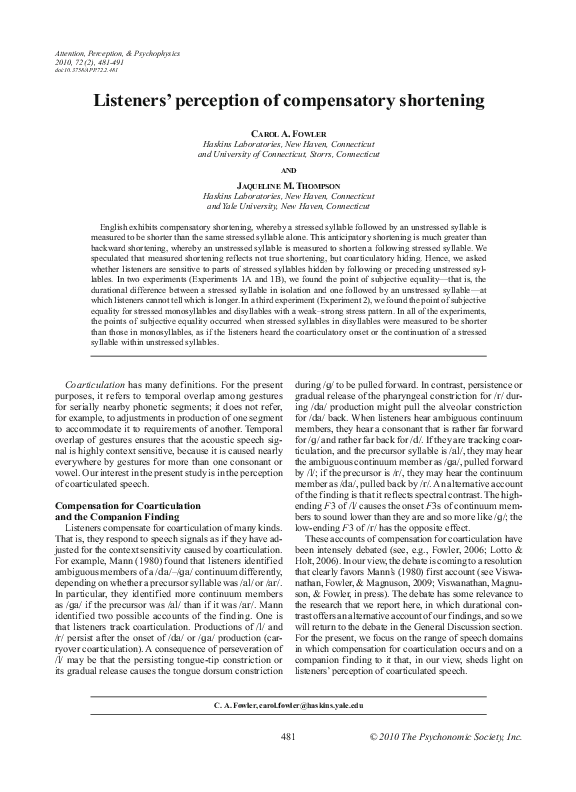 (PDF) Listeners’ perception of compensatory shortening