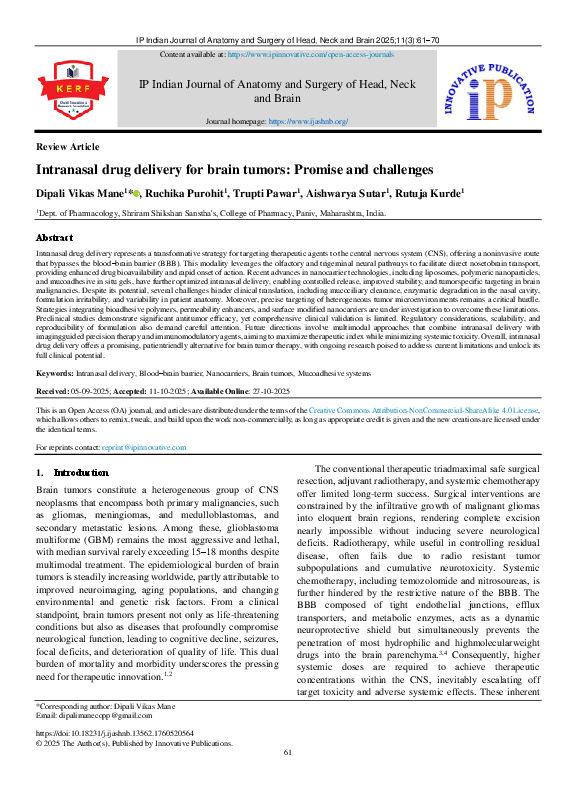 (PDF) Intranasal drug delivery for brain tumors: Promise and challenges